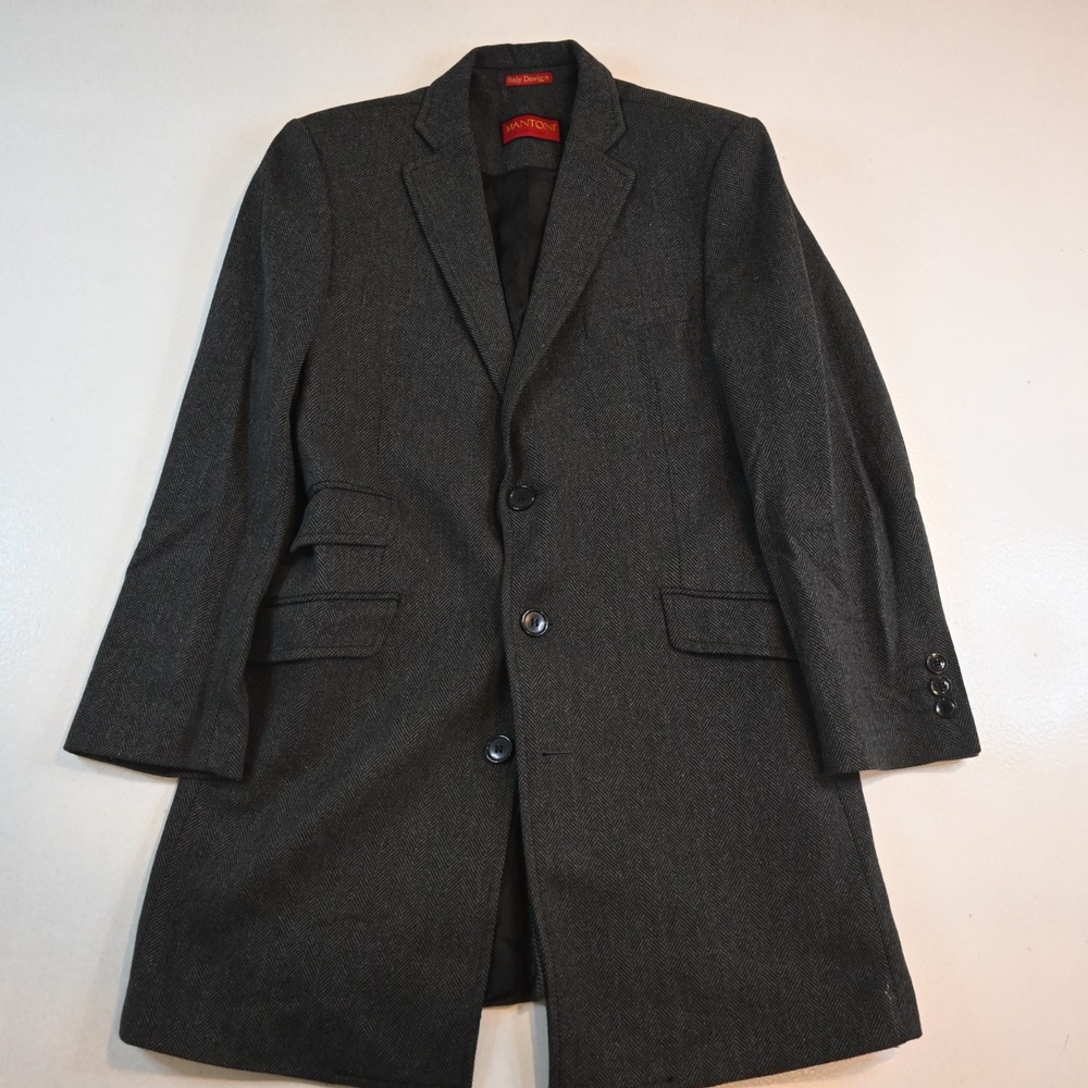 Mantoni Milan‎ Italy 38R Gray Herringbone Wool Tweed Mens Trench Overcoat